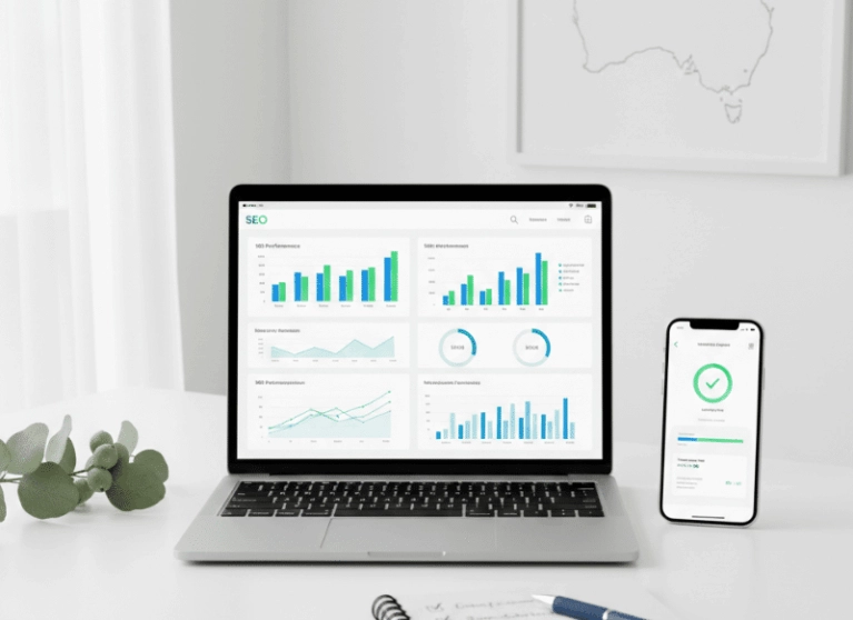 SEO audit checklist and website performance review for Australian businesses on a laptop dashboard.