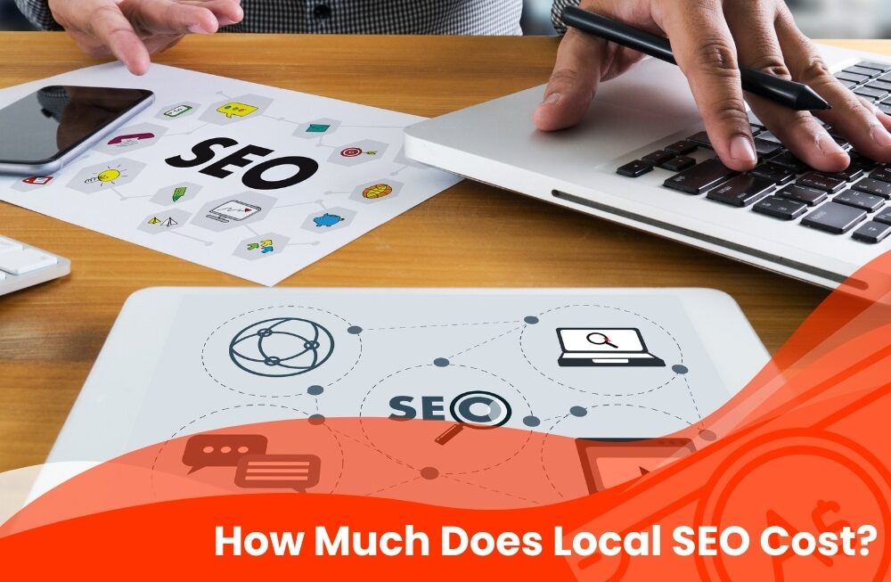 A professional working on a laptop, with SEO-related icons on a tablet and paper, exploring the cost factors of local SEO services.