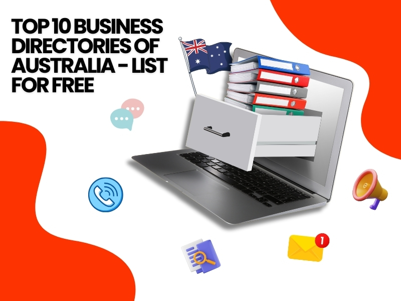 Open laptop with file drawer, Australian flag, and icons, representing top 10 business directories Australia for free listing.