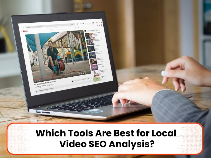 Person analysing Local Video SEO performance on a laptop, focusing on tools for improving local video rankings.