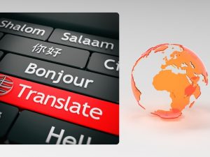 Keyboard with 'Translate' button and multiple languages, paired with a globe, highlighting content localisation in a global SEO strategy.