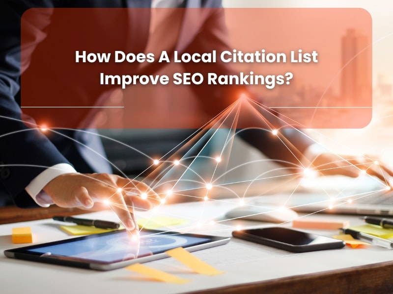 How a local citation list improves SEO rankings with network connections on tablet.