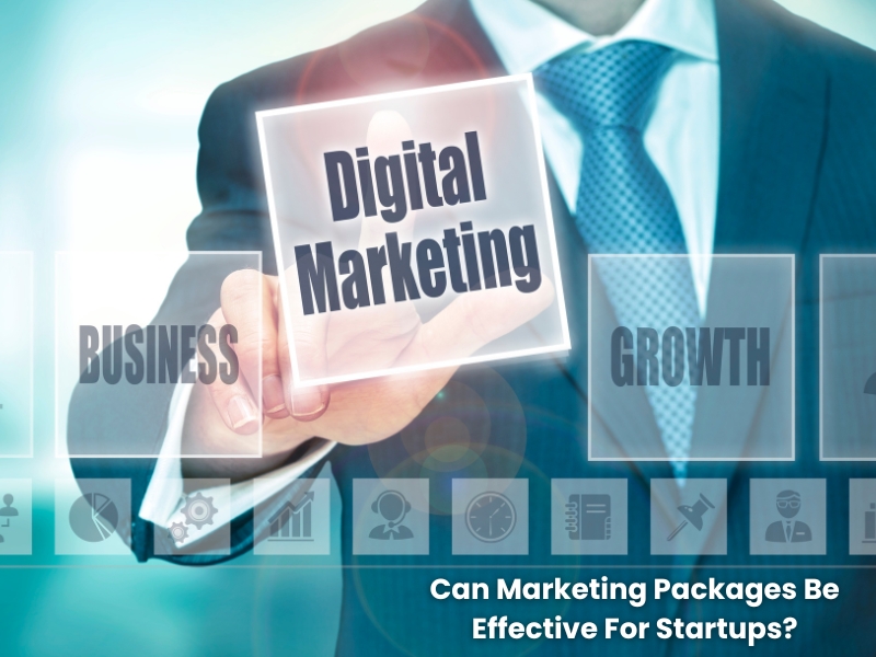 Professional pointing at 'Digital Marketing' with growth icons, emphasising the effectiveness of marketing packages for startups.