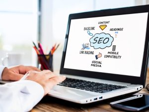 Laptop displaying SEO elements like content, backlinks, and social media, representing tailored SEO packages for websites.