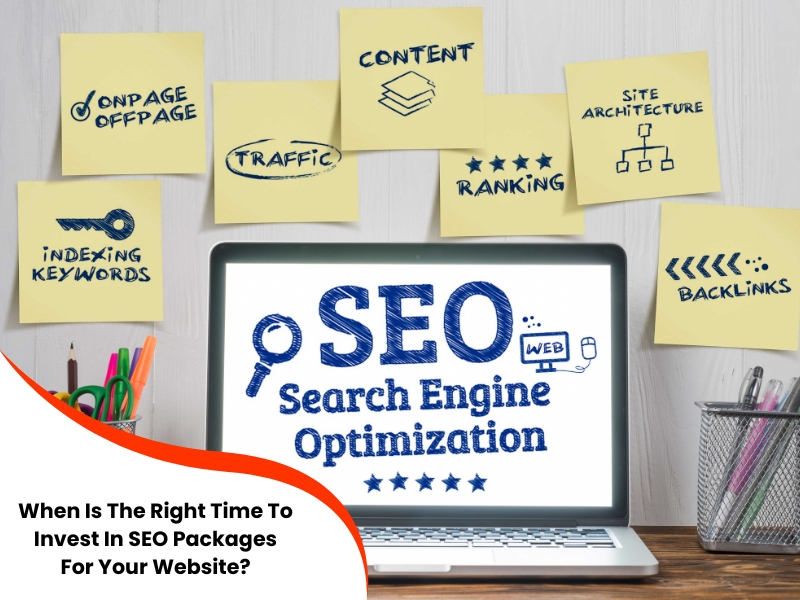 SEO packages concept with sticky notes showing traffic, ranking, and backlinks, emphasising website optimisation strategies.