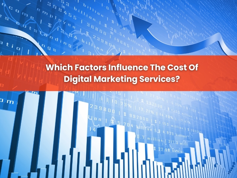 A rising bar graph with financial data and an arrow, illustrating factors affecting digital marketing cost and pricing strategies.