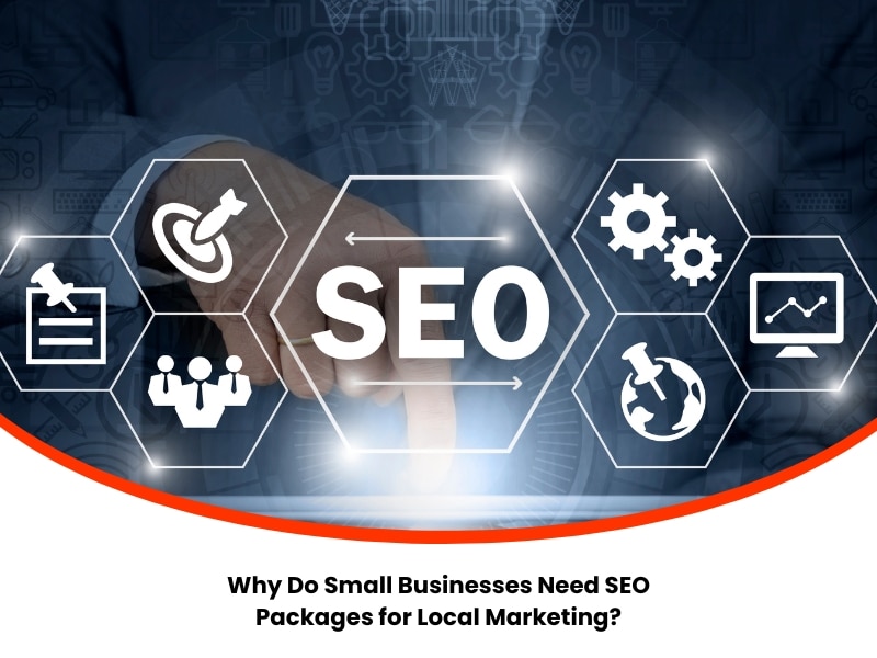 Businessman tapping virtual SEO interface surrounded by icons representing small business local SEO strategies and digital marketing tools.