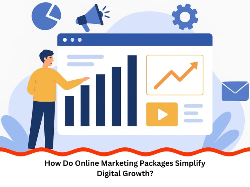 Person analysing growth data with online marketing packages dashboard illustration.