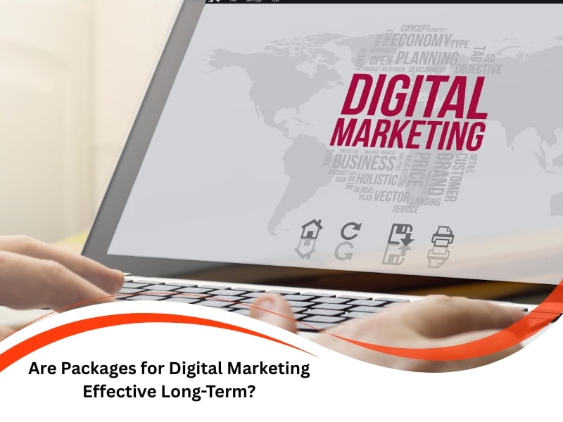 Laptop showing packages for digital marketing with world map and icons on screen