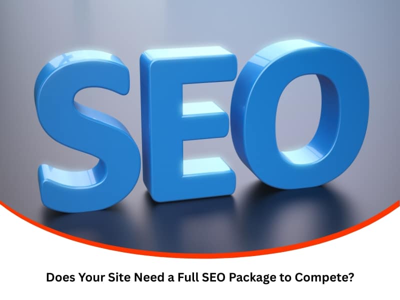 3D blue letters spelling SEO with caption asking about need for full SEO package to compete online.