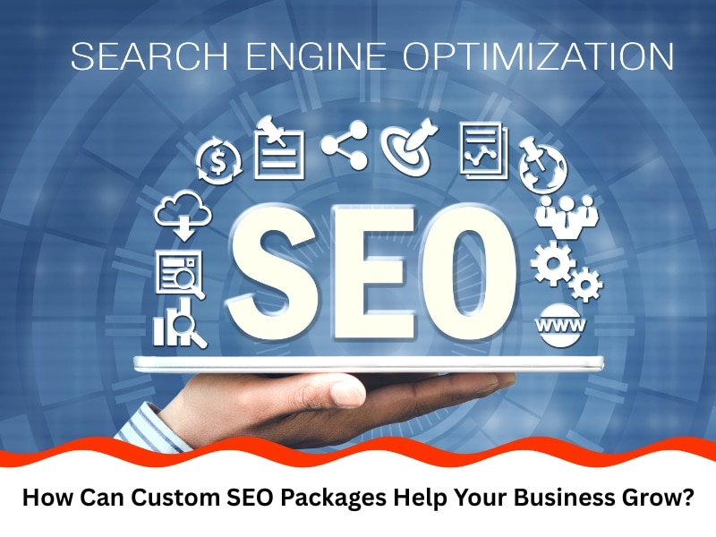 Custom SEO packages illustration with digital icons and tablet.