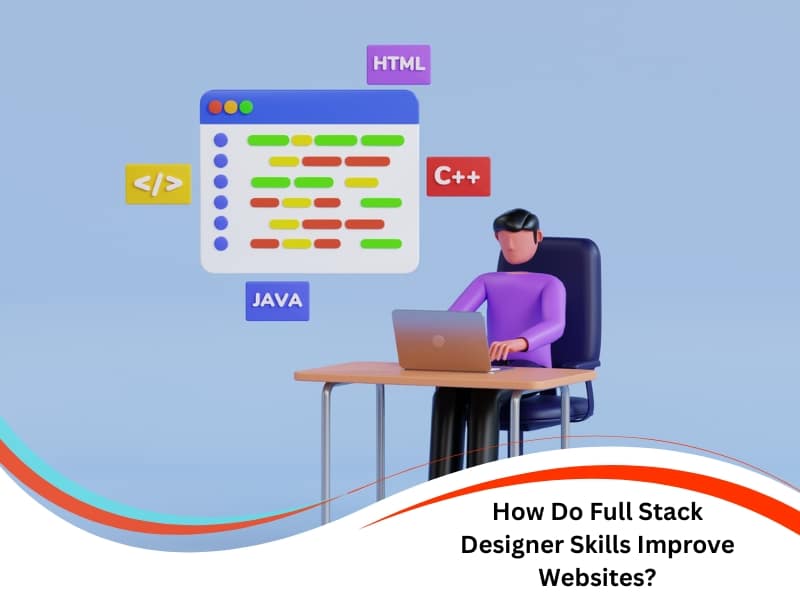Animated developer with full stack designer skills working on code including HTML, Java, and C++.