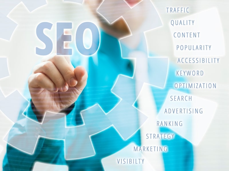 Digital marketing SEO packages concept with keywords: traffic, content, ranking, visibility, optimisation.
