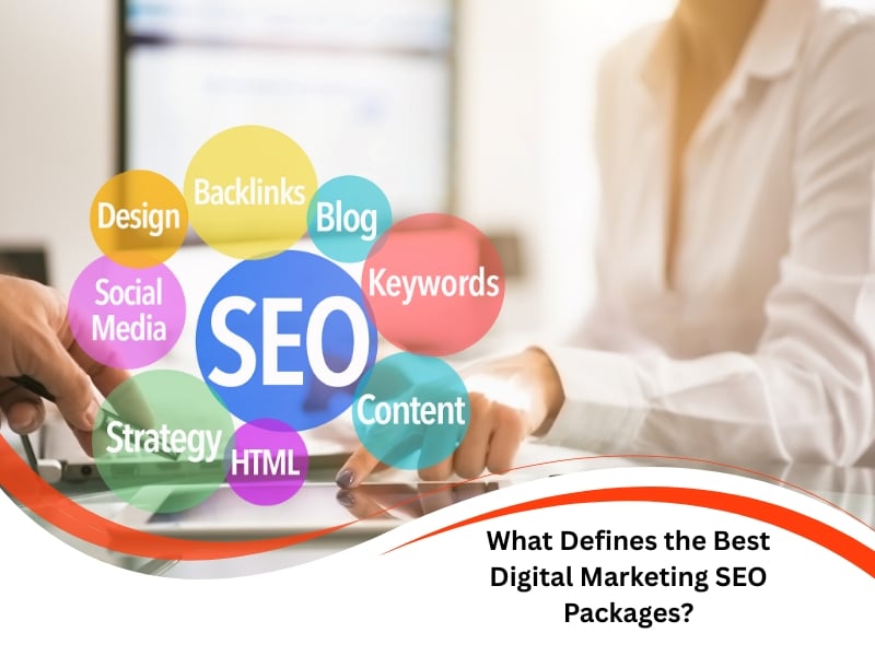 Digital marketing SEO packages diagram with SEO, blog, keywords, content, backlinks, design, social media.