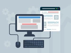 Flat design of desktop computer and website layout symbolising technical structure behind AEO strategies