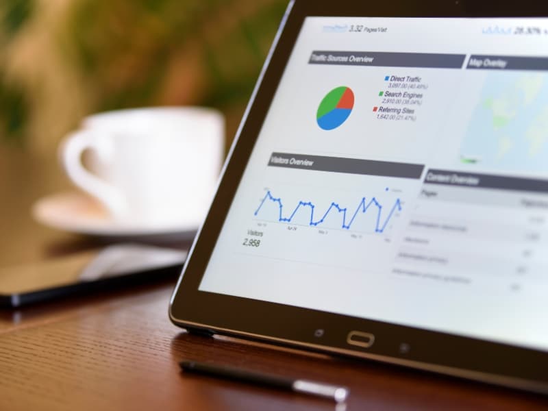 Digital marketing for dermatologists website analytics showing traffic sources and visitor trends on a tablet.