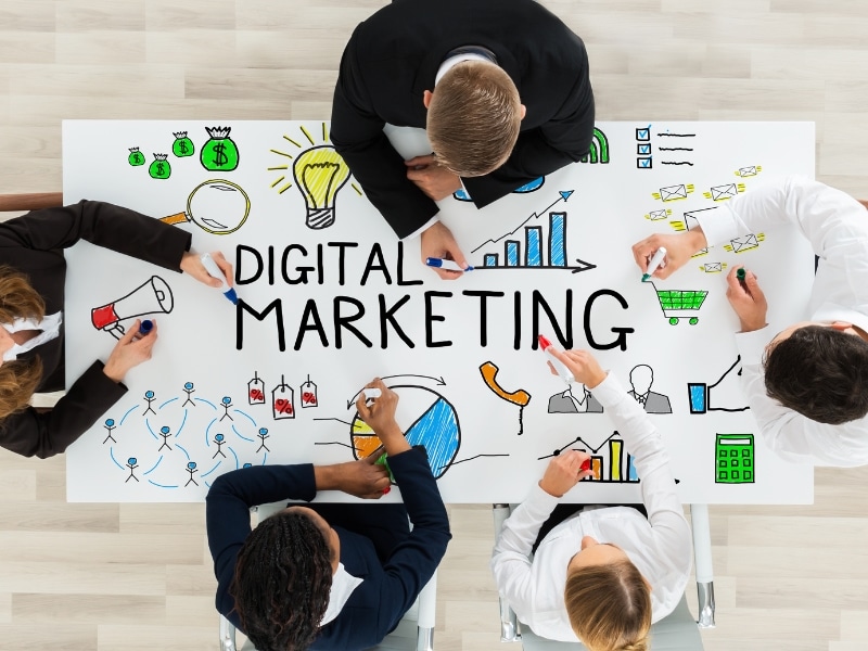 Digital marketing for dermatologists strategy planning with diverse team around a whiteboard.