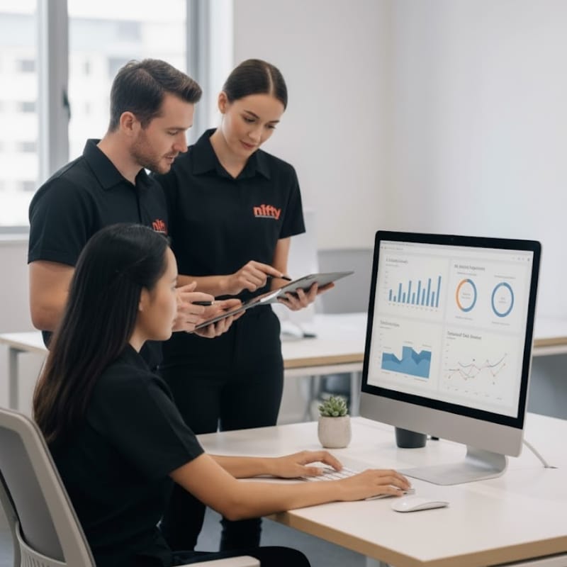 Team reviewing analytics on a computer and tablet while discussing Answer Engine Optimisation strategies in a modern office.