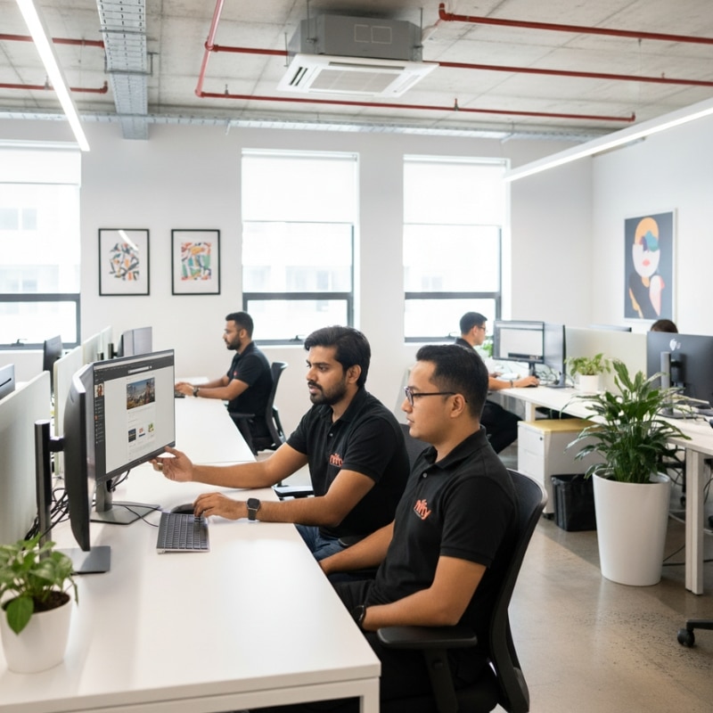 Developers working together at computers in a modern office reviewing a website project as part of Web Development Services.