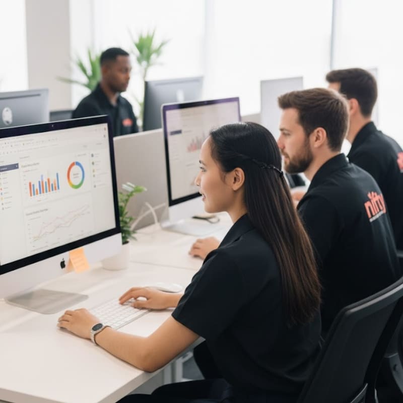 Team working at desktop computers analysing charts and performance data, representing Local SEO activities for improving local search visibility.