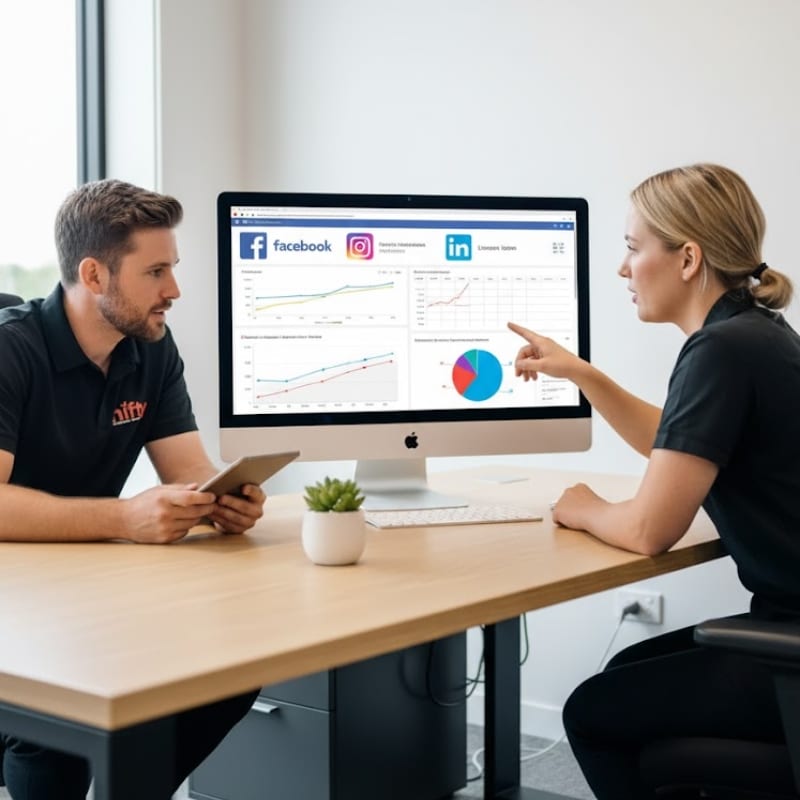 Two marketers reviewing Social Media Marketing performance graphs on a large desktop screen showing Facebook, Instagram and LinkedIn metrics.