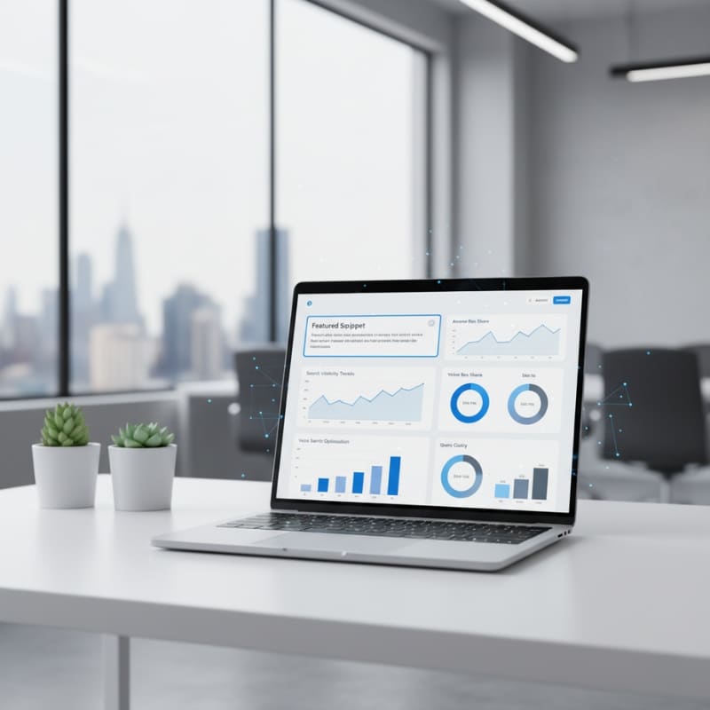 Laptop on a desk displaying analytics dashboards related to Answer Engine Optimisation in a bright modern office.