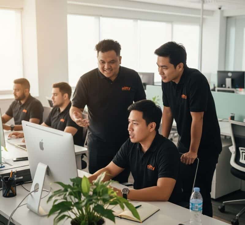 Team of developers in an office collaborating at a computer while discussing Web Development Services for business projects.