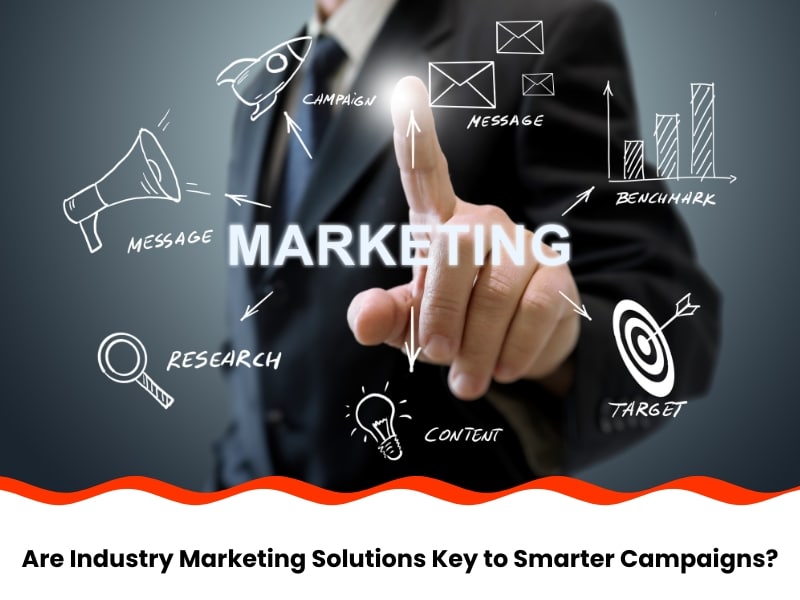 Business professional pointing at digital marketing icons showing campaign, message, and research concepts in industry marketing solutions