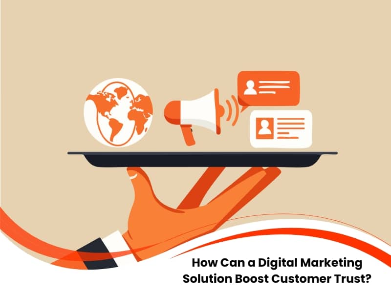 Illustration of a hand holding a tray with a globe, megaphone, and communication icons representing a digital marketing solution for global outreach.