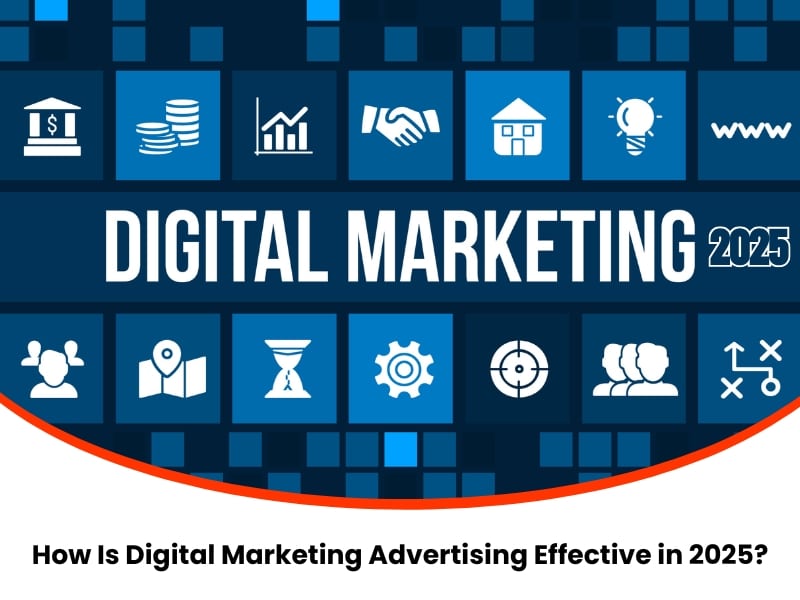 Digital marketing 2025 concept with icons representing online tools, growth, and engagement in digital marketing advertising.