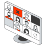 Isometric illustration of a computer screen showing multiple video call participants, presented as a Graphic Design icon for billboards.