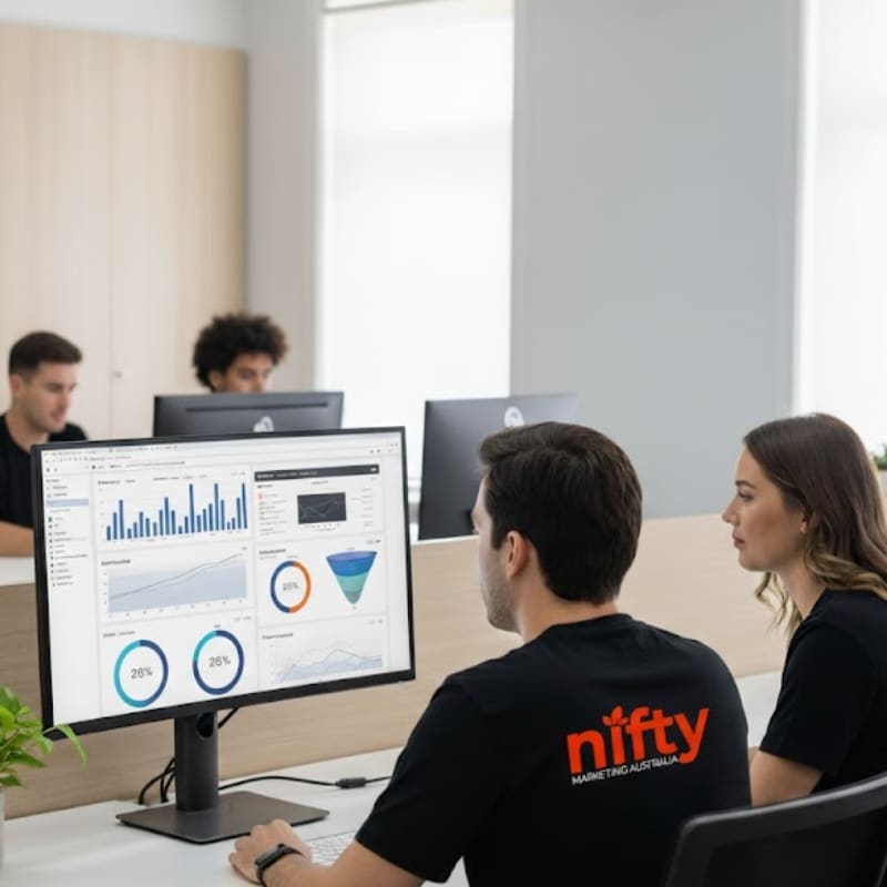 Team reviewing digital performance dashboards on a desktop monitor in an office, conducting an Online Presence Analysis.
