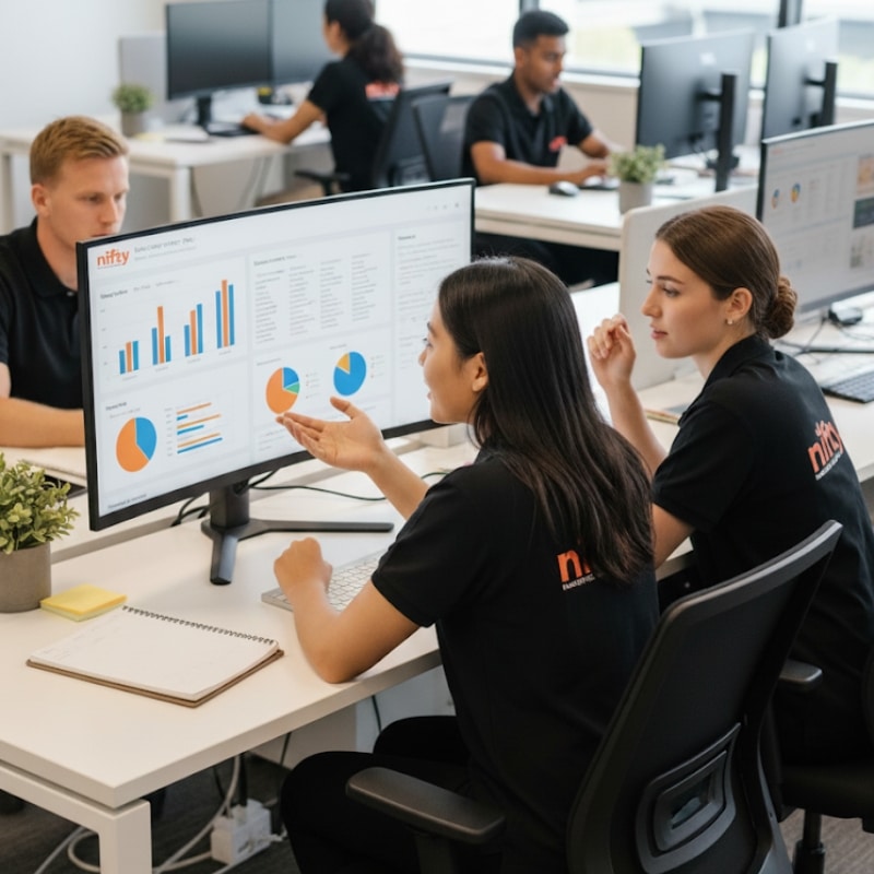 Team analysing digital performance data on large monitors in an office while discussing Search Engine Optimisation Services.