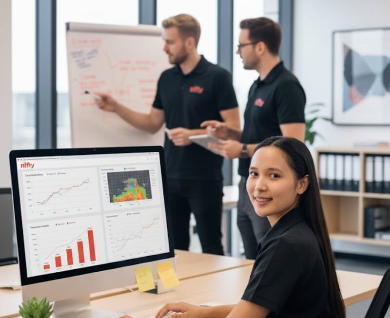 Team analysing performance charts in an office, with a woman at a computer displaying data for Conversion Rate Optimisation work.