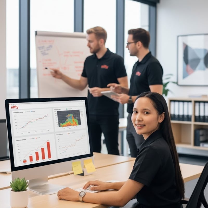 Team analysing performance charts in an office, with a woman at a computer displaying data for Conversion Rate Optimisation work.