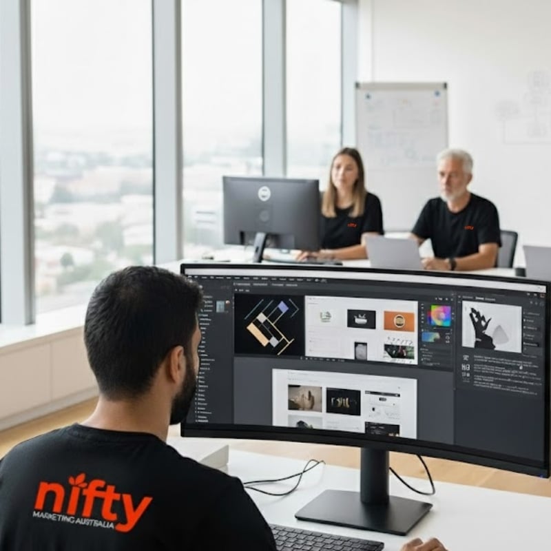 A designer working on content at a computer in a modern office, creating visuals for a Digital Signage project.