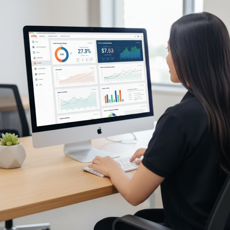 Woman analysing campaign performance on a desktop dashboard with charts and metrics related to Email Marketing.