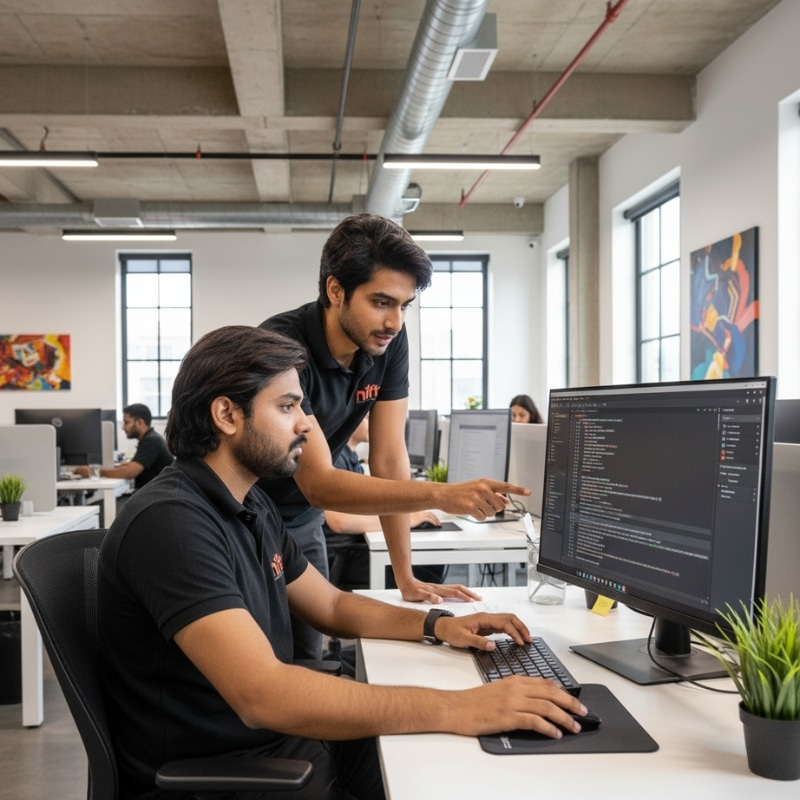 Two developers collaborating at a computer, writing and reviewing code in a modern office, demonstrating Full Stack Development processes.