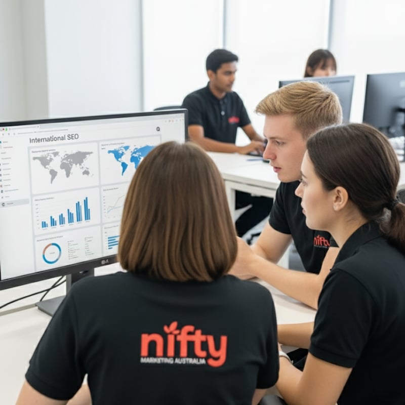 Team reviewing global analytics on a large monitor displaying International SEO data, charts and world map visuals in an office.