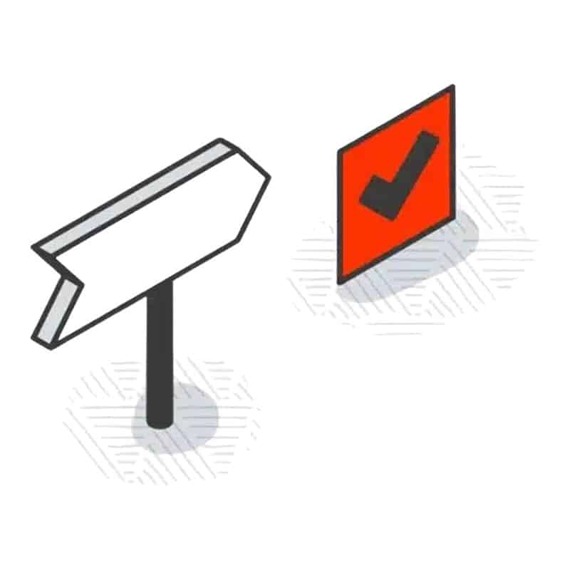 Illustration of a directional sign and a red checkmark icon representing steps in an Online Presence Analysis.