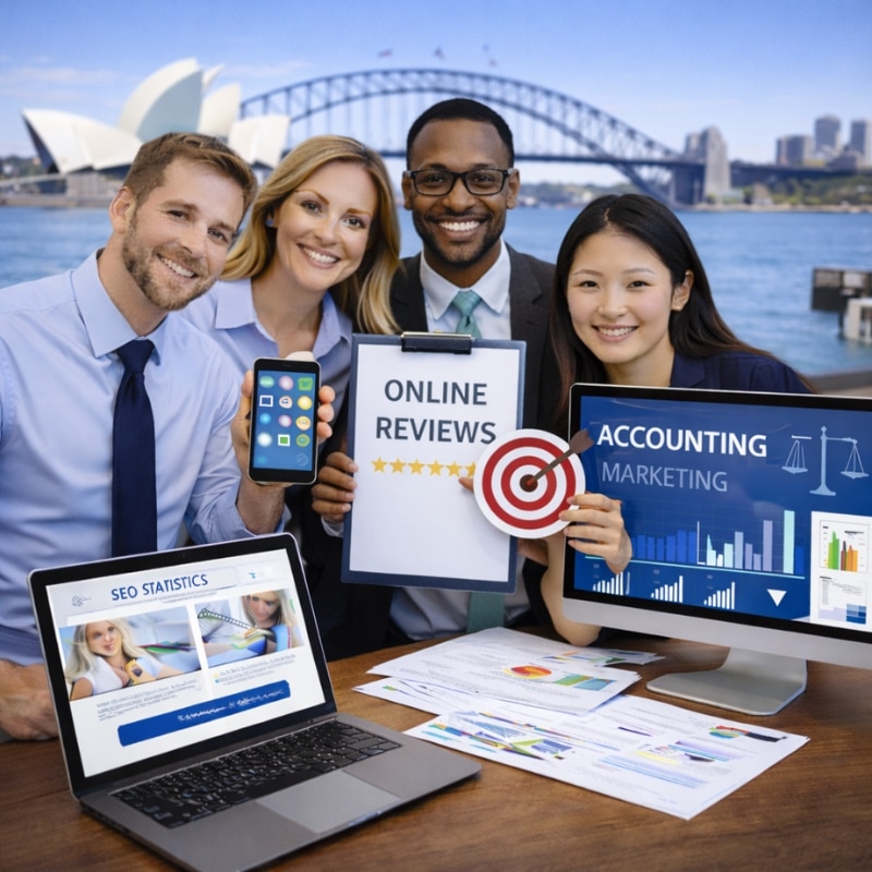 Accounting Firm Marketing Agency team presenting online reviews, SEO statistics on a laptop, accounting marketing dashboard on a desktop, and a target icon at Sydney Harbour.