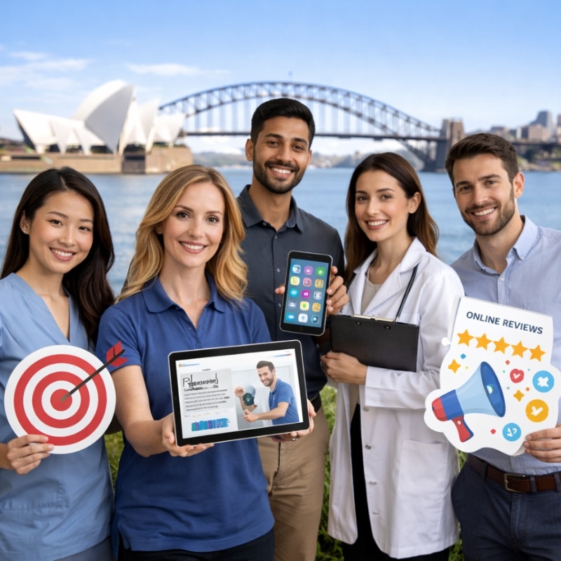 Physio and allied health professionals standing near Sydney Harbour holding marketing visuals, tablets and reviews, representing a Physio & Allied Health Marketing Agency.