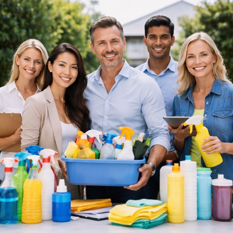 Cleaning Supplies Distribution Marketing Agency team holding a crate of spray bottles and cleaning products, standing behind a table of supplies outdoors.