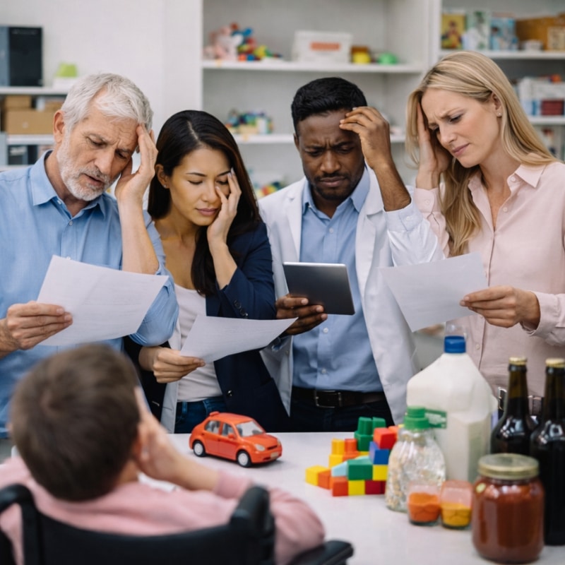 NDIS support workers and carers reviewing paperwork and a tablet around a table, looking concerned, representing challenges addressed by an NDIS Marketing Agency.