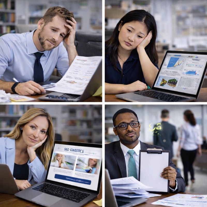 Accounting Firm Marketing Agency collage showing professionals reviewing financial documents, analysing SEO statistics on laptops, and holding reports in an office setting.
