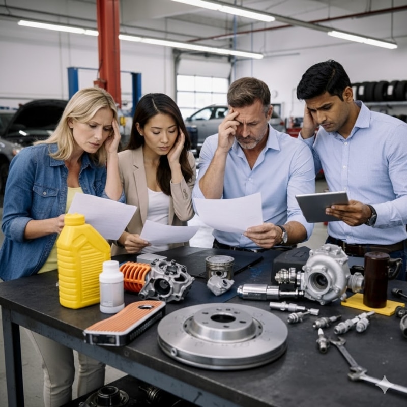 Automotive Parts Distribution Marketing Agency image showing four professionals reviewing documents beside car parts, engine components, and tools in a workshop.