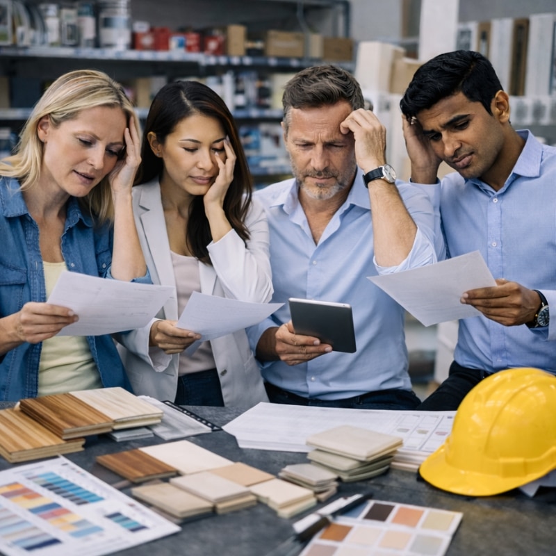 Group of construction professionals reviewing documents, material samples and a tablet in a warehouse, supported by a Building Materials Distribution Marketing Agency.
