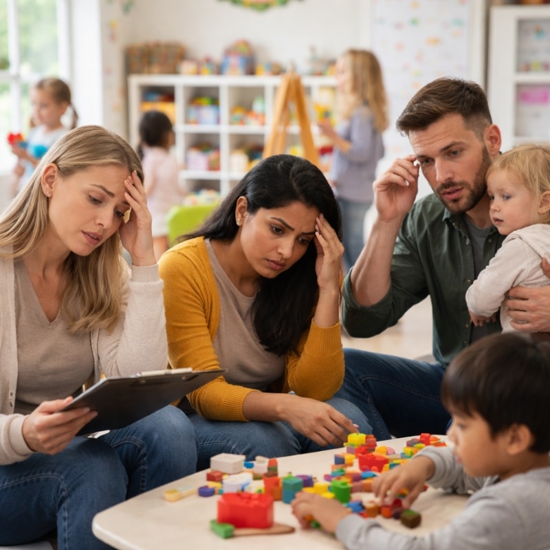 Childcare Marketing Agency image showing worried parents seated in a childcare room, reviewing paperwork while children play with colourful blocks.