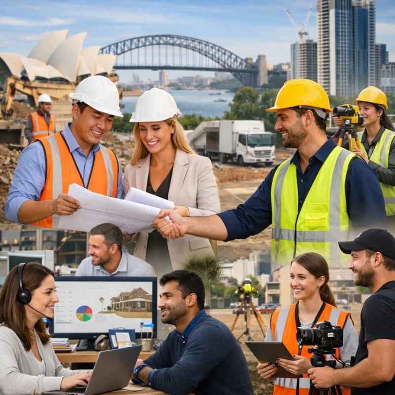 Construction Marketing Agency image showing construction professionals reviewing plans, shaking hands, and coordinating site work with Sydney Harbour Bridge backdrop.