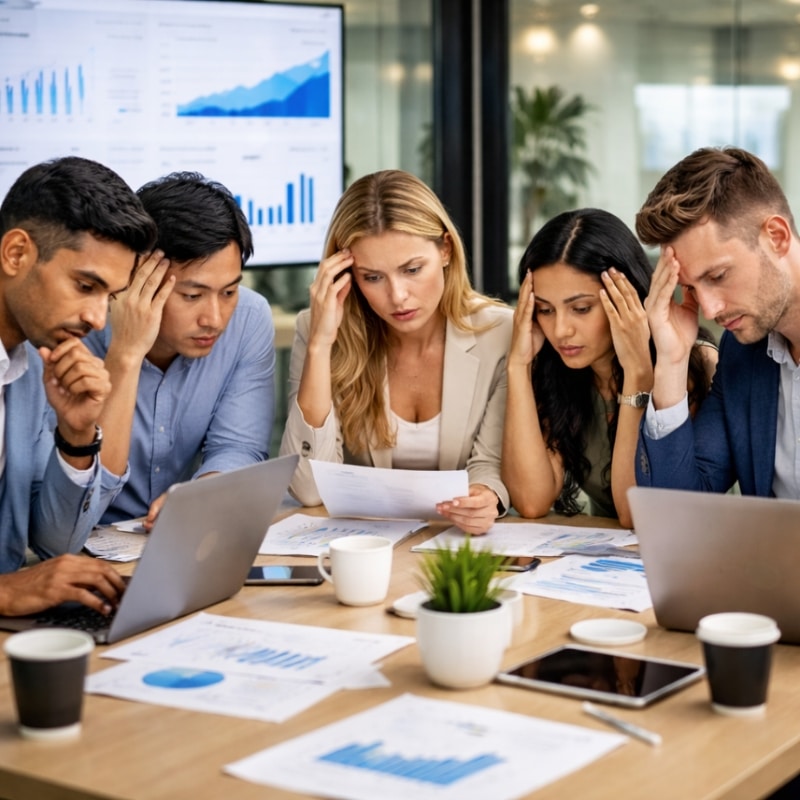Financial Services Marketing Agency team analysing reports at a meeting table, reviewing printed financial charts, laptops, dashboards and tablets with concerned expressions.